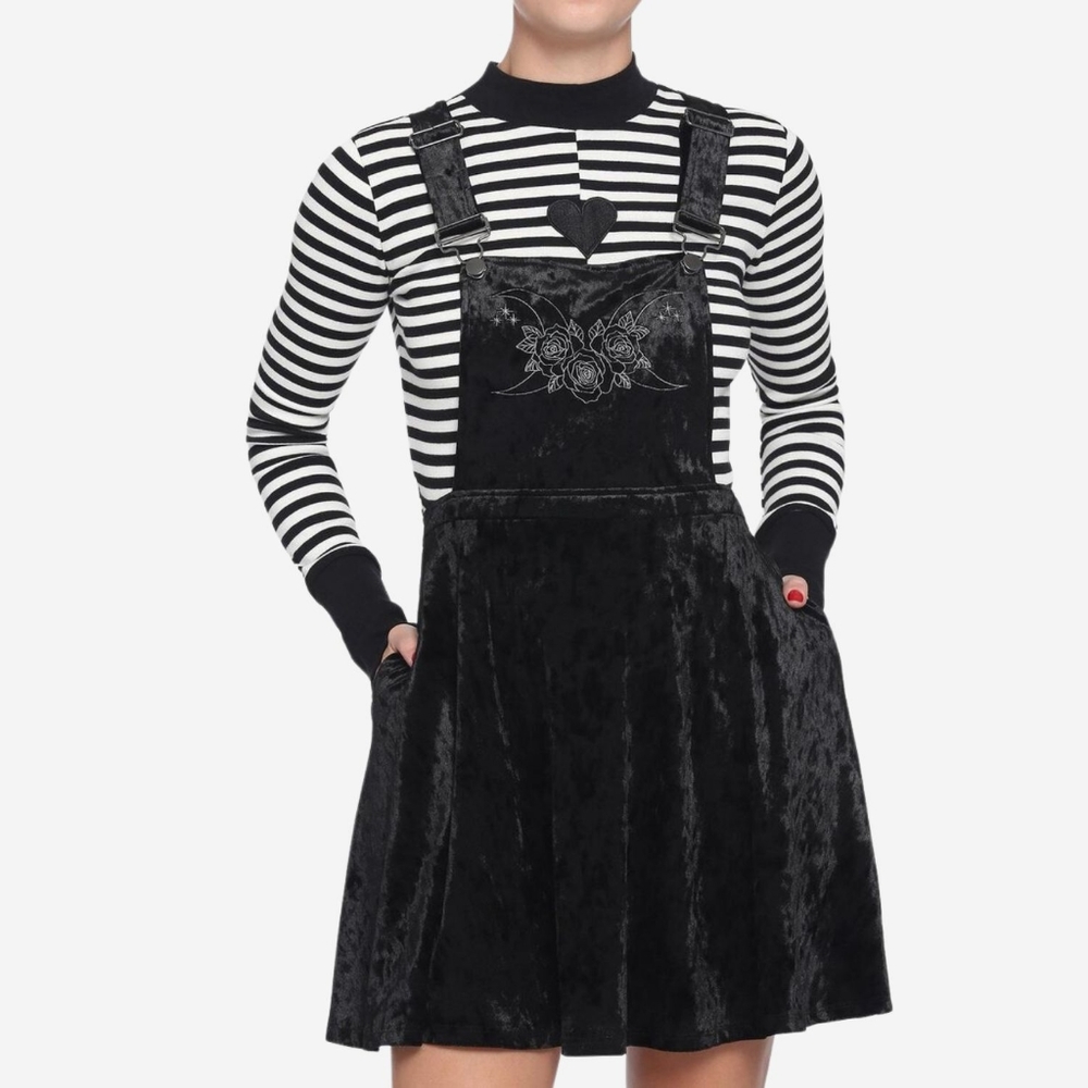 Hot Topic Moon & Florals Embroidered Black Velvet Skirtall Overall Mini Dress